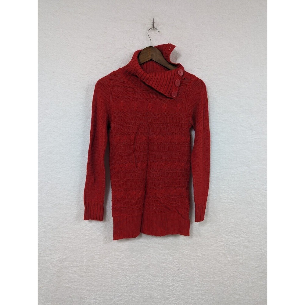 Planet Gold True Red Mock Button Up Neck Women's Sweater Acrylic Chain Knit L 14